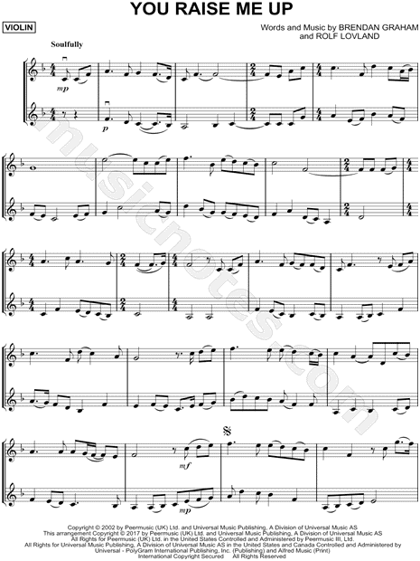 Josh Groban You Raise Me Up Violin Duet Sheet Music In F Major Download Print Sku Mn0198296