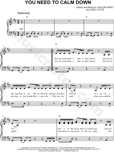 Taylor Swift You Need To Calm Down Sheet Music Easy Piano