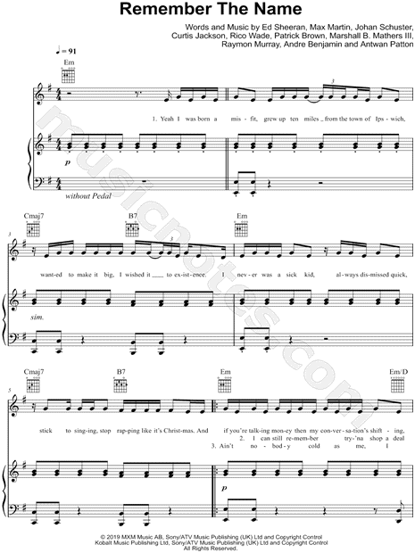 Ed Sheeran Feat Eminem 50 Cent Remember The Name Sheet Music In E Minor Transposable Download Print Sku Mn019