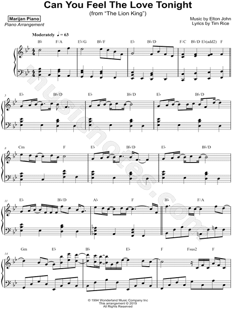 Elocuente Monasterio Hula hoop Marijan Srsa "Can You Feel the Love Tonight" Sheet Music (Piano Solo) in Bb  Major - Download & Print - SKU: MN0199336