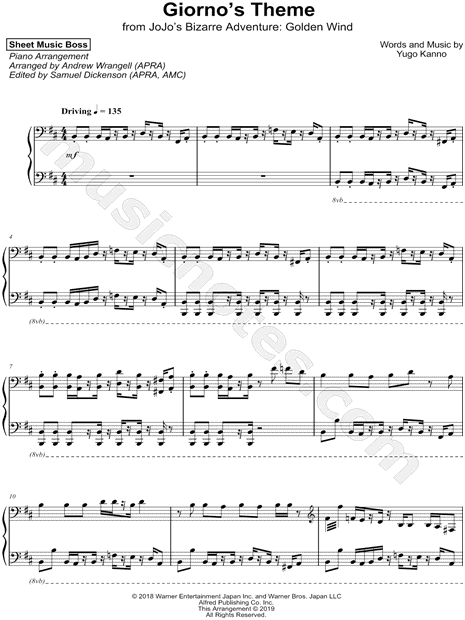 Sheet Music Boss "Giorno's Theme" Sheet Music (Piano Solo) in B Minor