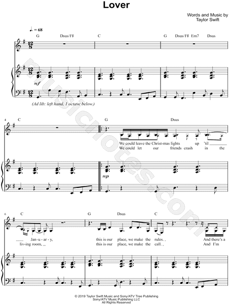 Taylor Swift Lover Sheet Music In G Major Transposable