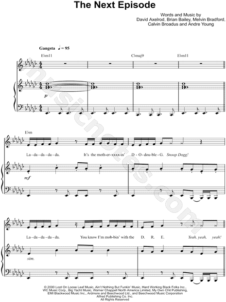 Dr Dre Feat Snoop Dogg Kurupt Nate Dogg The Next Episode Sheet Music In Eb Minor Transposable Download Print Sku Mn0200671 - roblox piano sheets snoop dogg