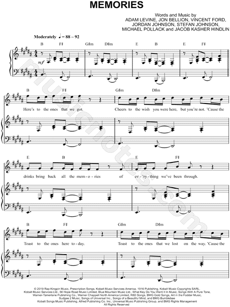 Maroon 5 Memories Sheet Music In B Major Transposable