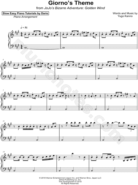 Dario D'aversa "Giorno's Theme [Slow Easy Piano Tutorial]" Sheet Music