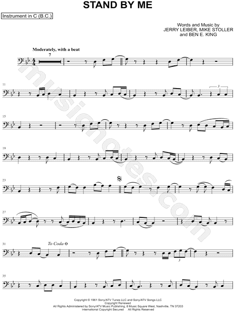 Ben E King Stand By Me Bass Clef Instrument Sheet Music Cello Trombone Bassoon Baritone Horn Or Double Bass In Major Download Print Sku Mn