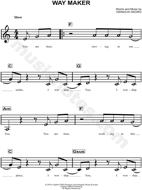 Sinach "Way Maker" Sheet Music for Beginners in C Major - Download