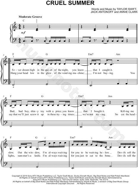 Taylor Swift "Cruel Summer" Sheet Music (Easy Piano) in C Major