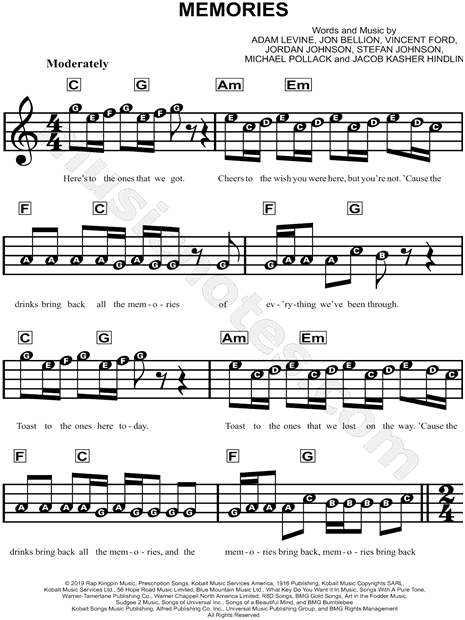 Maroon 5 Memories Sheet Music For Beginners In C Major Download Print Sku Mn