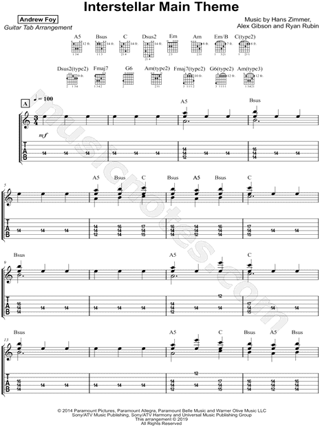 Print and download Andrew Foy Interstellar (Main Theme) Guitar TAB. 