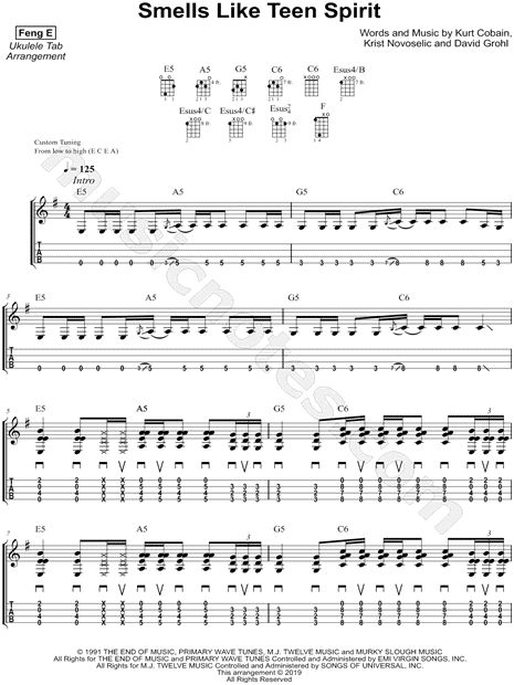 Feng E "Smells Like Teen Spirit" Ukulele Tab in E Minor - Download Print - SKU: MN0205458