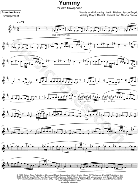 Brendan Ross Yummy Sheet Music Alto Saxophone Solo In D Major Download Print Sku Mn0206961