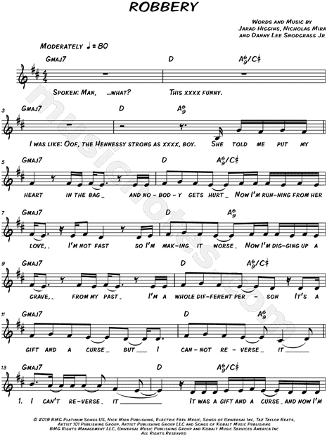 neumático pianista escritorio Juice WRLD "Robbery" Sheet Music (Leadsheet) in D Major (transposable) -  Download & Print - SKU: MN0207363
