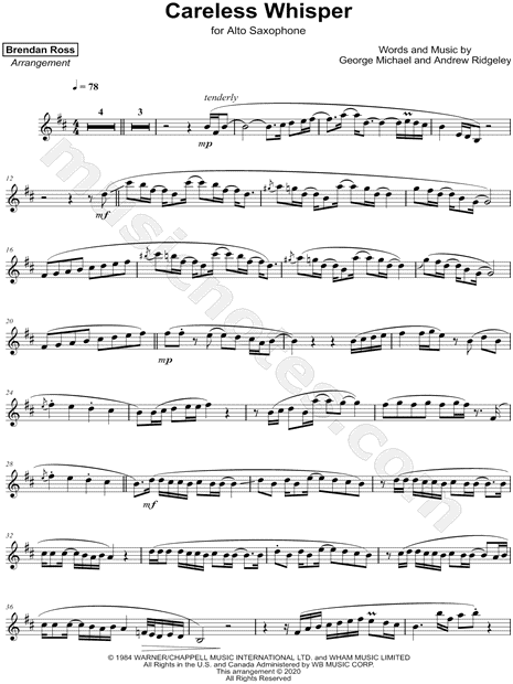 Brendan Ross Careless Whisper Sheet Music Alto Saxophone Solo In B Minor Download Print Sku Mn0207564