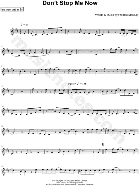 Queen "Don't Stop Me - Bb Instrument" Sheet Music (Trumpet, Clarinet, Soprano or Tenor Saxophone) in D Major - Download & Print - MN0209611