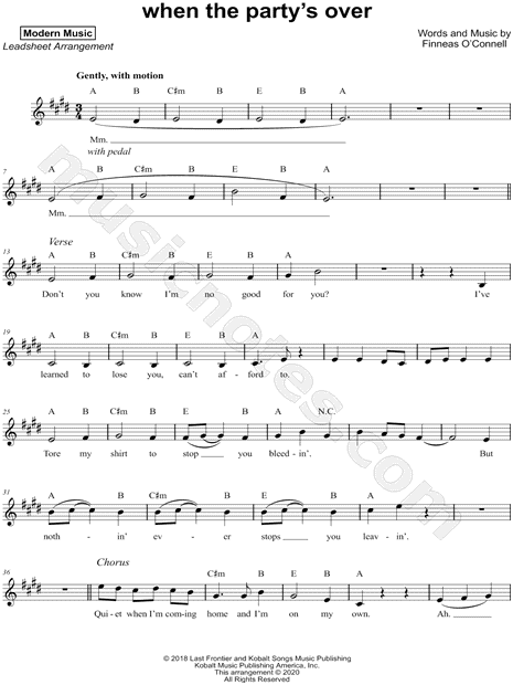 Modern Music When The Party S Over Sheet Music Leadsheet In C Minor Download Print Sku Mn0211124