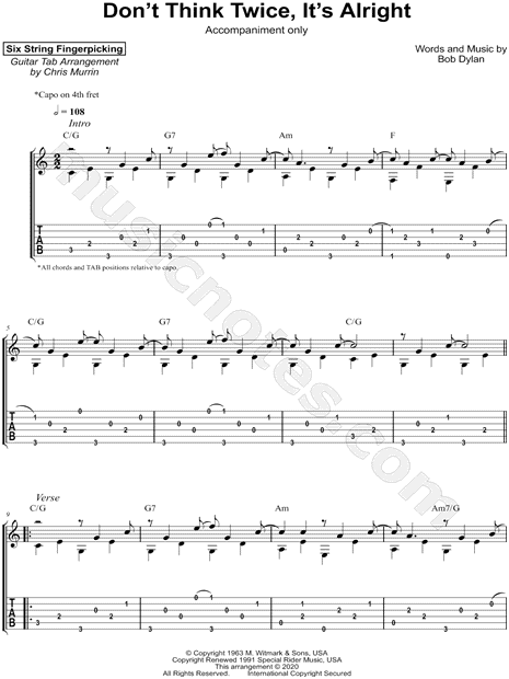 Six String Fingerpicking Don T Think Twice It S All Right Accompaniment Only Guitar Tab In C Major Download Print Sku Mn