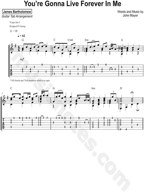 James Bartholomew You Re Gonna Live Forever In Me Guitar Tab In G Major Download Print Sku Mn