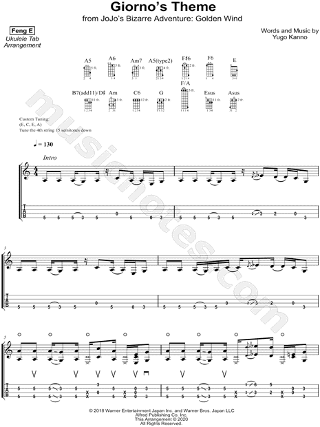 Feng E "Giorno's Theme" Ukulele Tab in A Minor - Download & Print - SKU