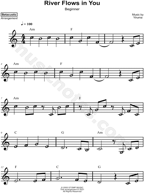 Betacustic "River Flows in You [beginner]" Sheet Music for Beginners A Minor - Download & Print - SKU: MN0232497