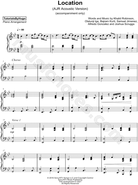 Hay una tendencia Lada Porque TutorialsByHugo "Location (AJR Acoustic Version) [accompaniment only]" Sheet  Music (Piano Solo) in Bb Major - Download & Print - SKU: MN0237308