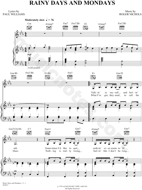 Rainy Days and Mondays Sheet Music | Carpenters | Piano Chords/Lyrics