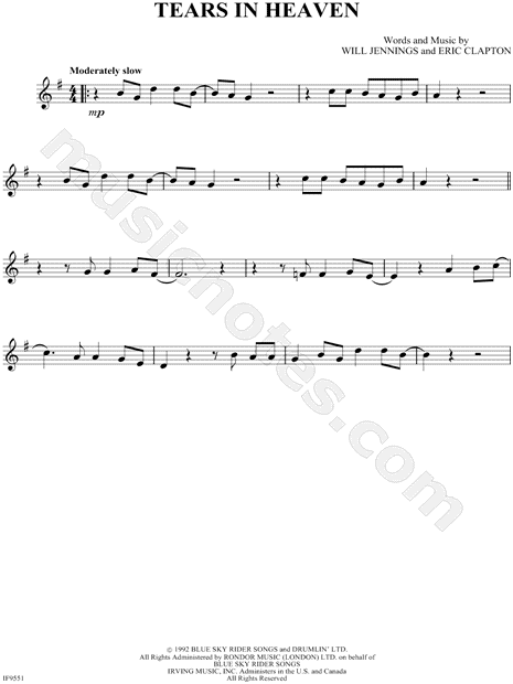 Tears In Heaven sheet music for alto saxophone solo (PDF)