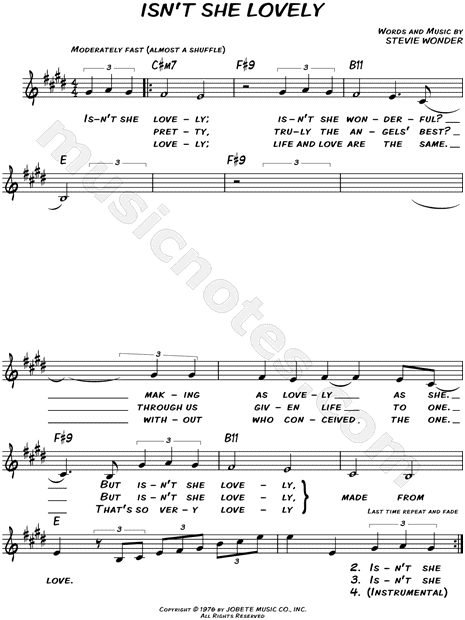 Isn't She Lovely sheet music for piano solo (PDF-interactive)