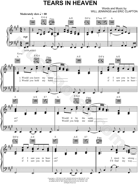 Eric Clapton Tears in Heaven Sheet Music in A Major