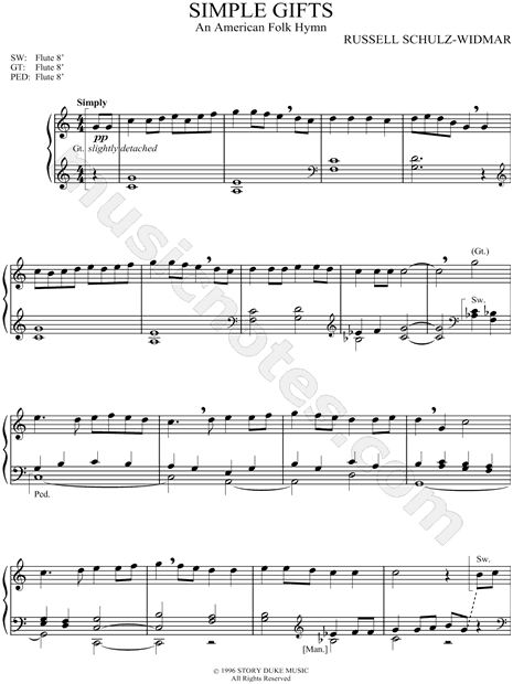 Simple Gifts, free easy hymn sheet music for piano with lyrics