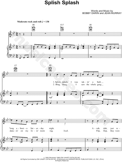 Bobby Darin "Splish Splash" Sheet Music in Bb Major (transposable)  Download Print SKU: MN0034770