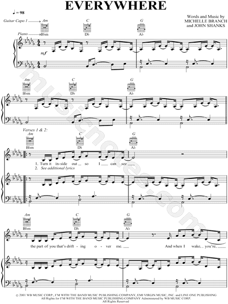 Michelle Branch Everywhere Sheet Music in Db Major (transposable) -  Download & Print - SKU: MN0204182