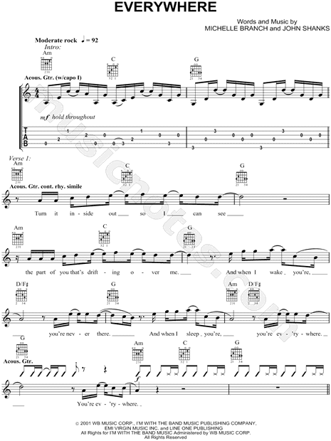 Michelle Branch Everywhere Sheet Music in Db Major (transposable) -  Download & Print - SKU: MN0204182