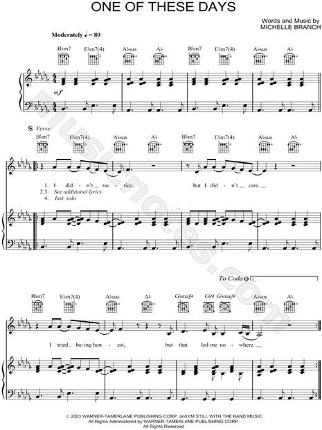 Michelle Branch Everywhere Sheet Music in Db Major (transposable) -  Download & Print - SKU: MN0204182