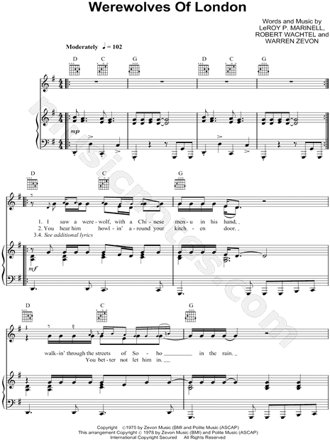 Werewolves Of London Sheet Music | Warren Zevon | Guitar Chords/Lyrics