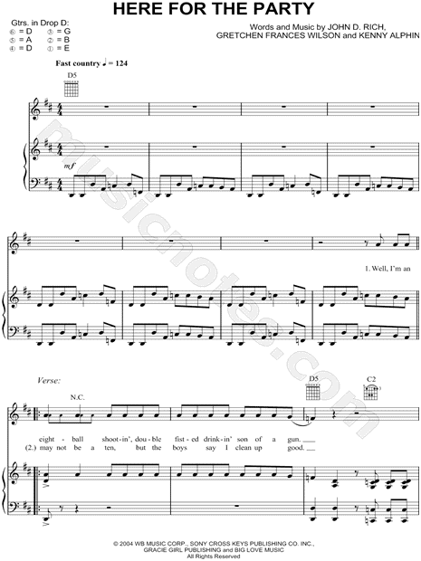 Gretchen Wilson "Here for the Party" Sheet Music in D Major (transposable) - Download & Print - SKU: MN0047464