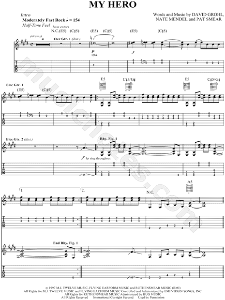 My Hero sheet music for guitar (tablature) (PDF) v2