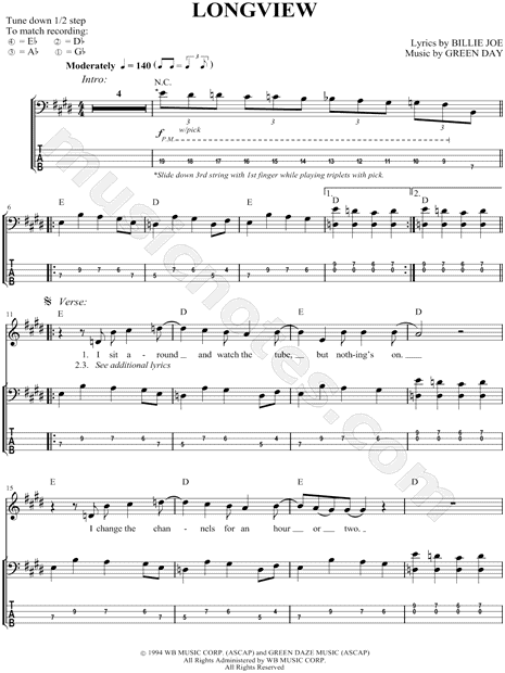 Green Day Longview Bass Tab in E Major - Download & Print - SKU