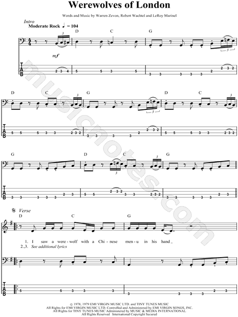 Warren Zevon Werewolves of London Bass Tab in C Major - Download & Print  - SKU: MN0053556