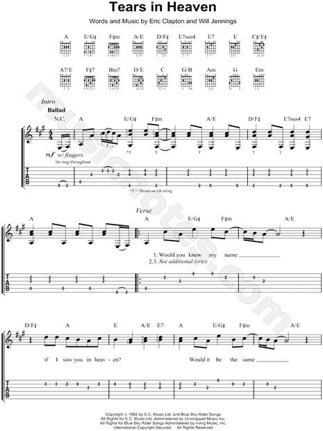 Eric Clapton 'Tears In Heaven' Sheet Music, Chords & Lyrics