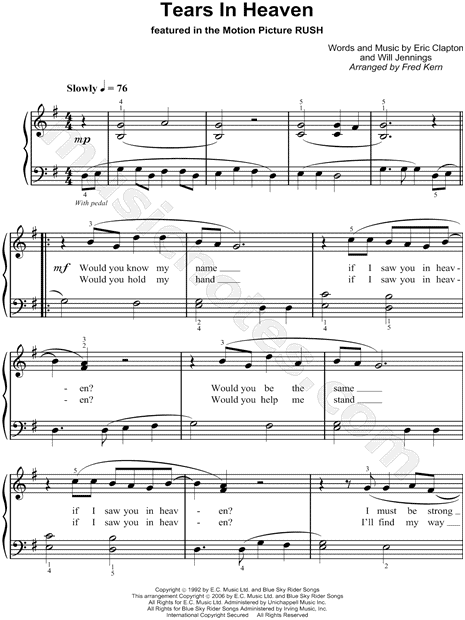 Tears In Heaven sheet music for voice, piano or guitar (PDF)