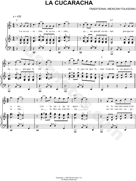 Traditional Mexican Folk Song La Cucaracha Sheet Music in C Major  (transposable) - Download & Print - SKU: MN0061569