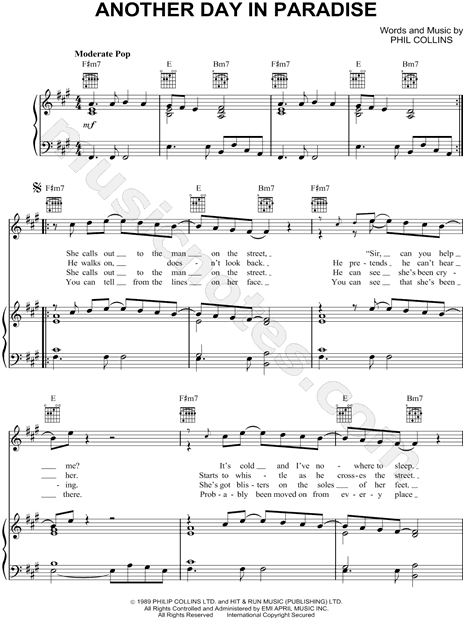 Phil Collins Another Day In Paradise Sheet Music in F# Minor  (transposable) - Download & Print - SKU: MN0065478