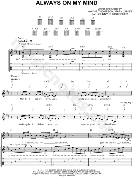 Always On My Mind sheet music for guitar (chords) v2