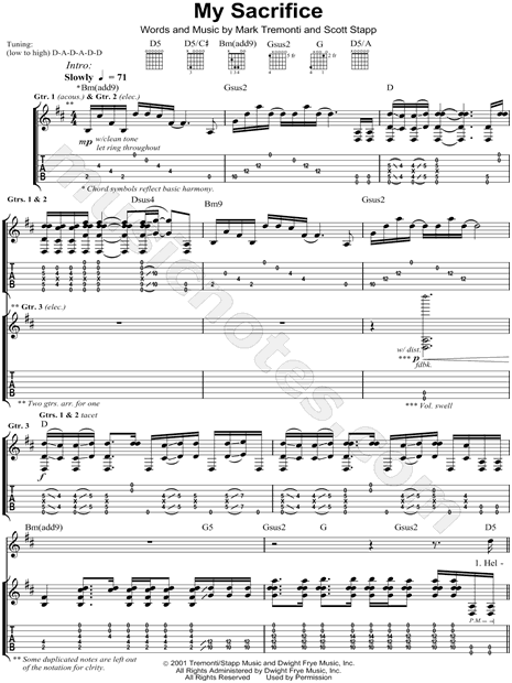 Creed My Sacrifice Guitar Tab in D Major - Download & Print