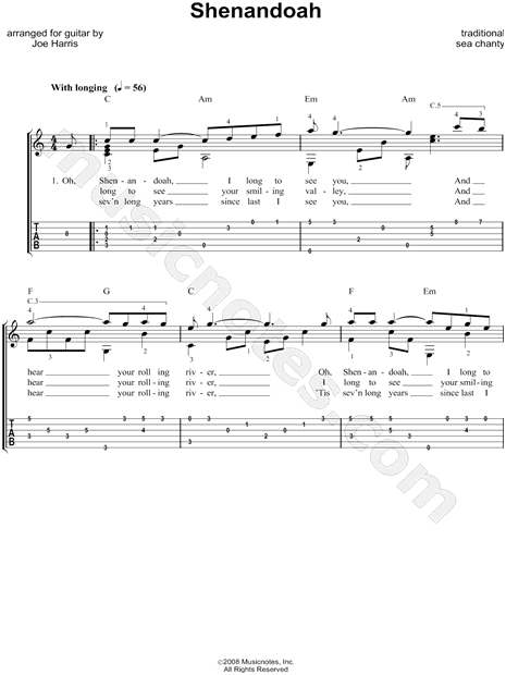 Shenandoah for Voice or Guitar, with Free Lead Sheets and Guitar Tabs