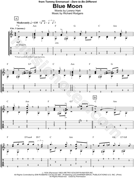 Tommy Emmanuel "Blue Moon" Guitar Tab in C Major - Download & Print
