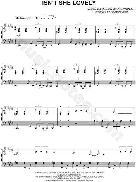 Isn't She Lovely sheet music for piano solo (PDF-interactive)