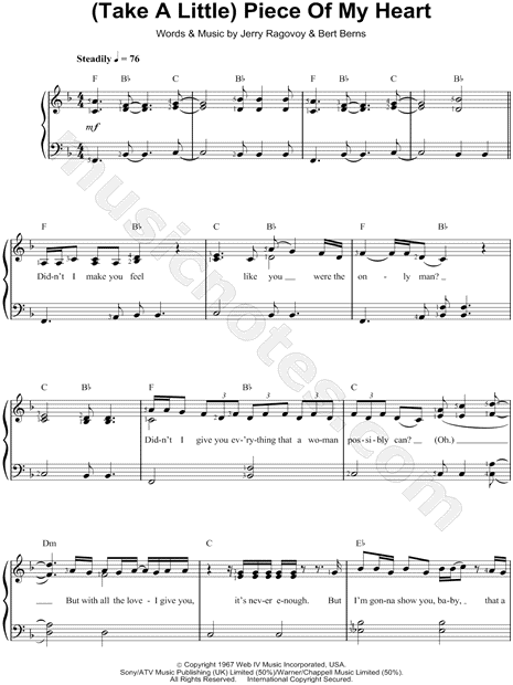 Piece Of My Heart Sheet Music | Janis Joplin | Piano, Vocal & Guitar Chords  (Right-Hand Melody)