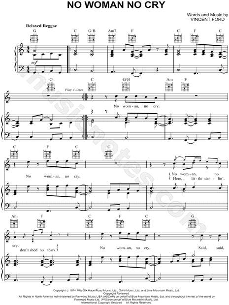 No Woman, No Cry sheet music (intermediate) for piano solo (chords